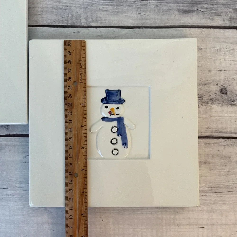 Crate‎ & Barrel Snowman Trivet Set 2 Ceramic 8in Square Italy Stefani Ceramica